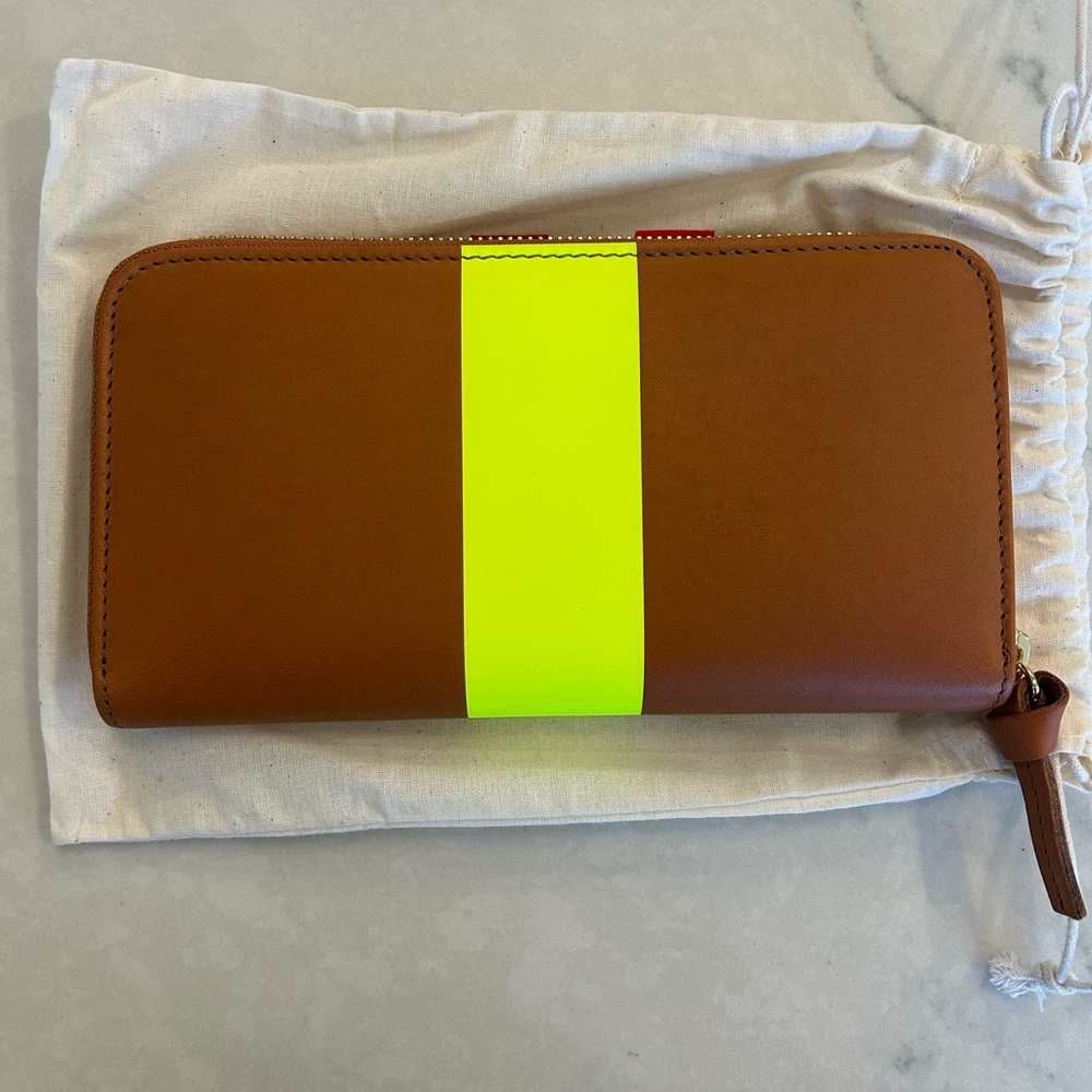 Clare V Leather Wallet with neon yellow stripe and light blue interior